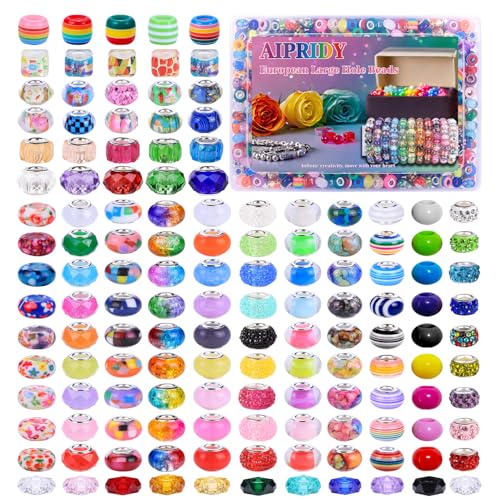 AIPRIDY European Large Hole Beads, Colorful Glass Charm Beads Set, Assorted Patterns and Designs (520 Pcs Mixed Color) - color: 520 Pcs Mixed Color