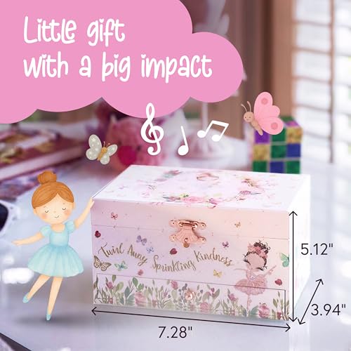 The Memory Building Co Ballerina Musical Jewelry Box Plays Classic Melody, Storage Organizer Music Box for Kids Ages 6-12, MDF Wood w/ 2 Fabric Lined Ring Bracelet Necklace Treasure Compartments - style: Ballerina