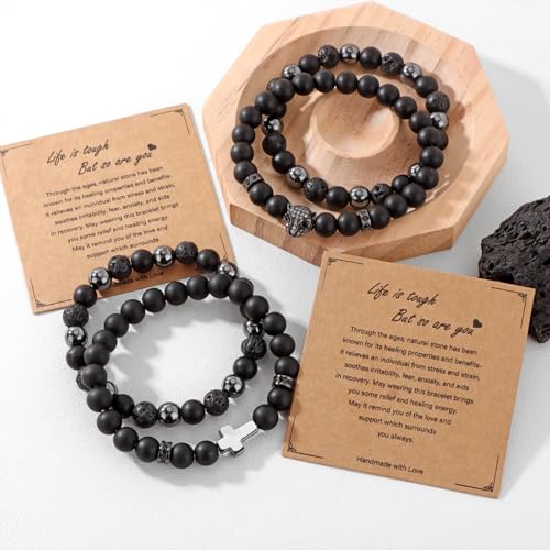 Natural Stone Bracelet 8mm Mens Black Beaded Bracelets Hematite Obsidian Onyx Lava Beads Bracelet Healing Crystal Bracelet for Men - style: Cross