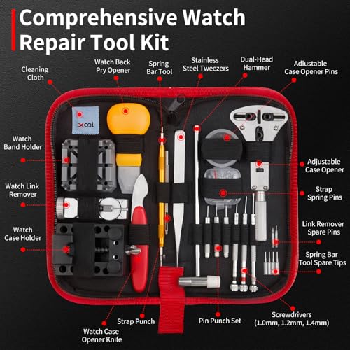 XOOL 151 PCS Professional Watch Repair Tool Kit, Includes Watch Battery Change Kit, Watch Case Opener, Link Remover, Spring Bar Tools, Screwdrivers, and Portable Carrying Case with Instruction Manual - color: 151pcs RED