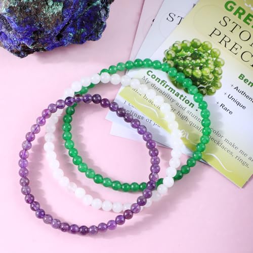 2/3-Pieces 4mm 6mm 8mm Natural Crystal Gemstone – Handmade Reiki Energy Healing Stretch Bracelets Jewelry for Yoga, Meditation, Unisex - color: 3 Pieces (Amethyst&GreenJade&WhiteJade), size: 4mm