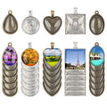 60 Pieces 5 Styles Pendant Trays 30pcs Round & Square & Heart & Teardrop & Oval and 30pcs Bright Glass Cabochon Dome Tiles for Crafting DIY Jewelry Gift Making - color: 30Pcs Metal Pendant+30pcs Bright Glass Cabochon
