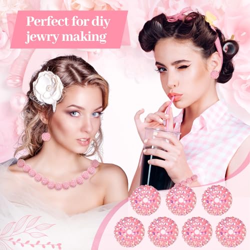 40 Pcs 20 mm Rhinestone Beads Bulk Crystal Round Disco Ball Chunky Bubblegum Beads for Pens Bracelets Charms Craft European Style Jewelry Making Supplies Christmas(Pink) - color: Pink