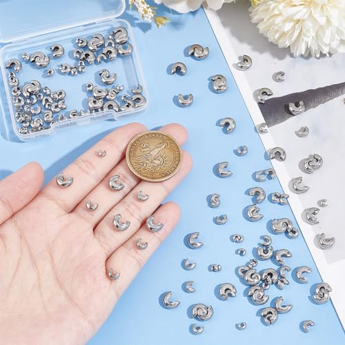 UNICRAFTALE 180Pcs 3 Sizes 304 Stainless Steel Crimp Beads Knot Covers Half Round Open Beads End Tip Metal Small Beads for DIY Bracelet Jewelry Craft Making - size: 4/5.5/8.2mm