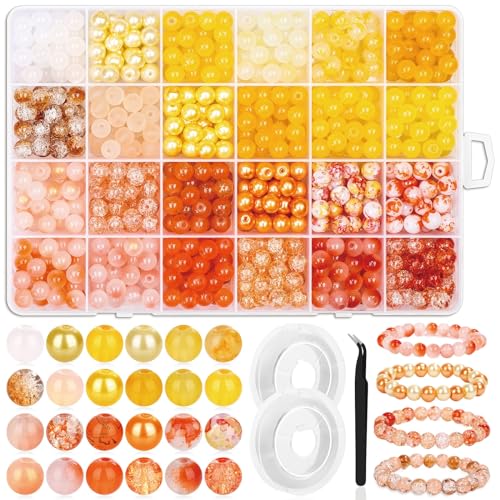 PAXCOO 720pcs 8mm Glass Beads for Jewelry - 24 Color Loose Beads for Bracelets, Earrings, Necklaces - Jewelry Making Supplies, Orange and Yellow - color: Orange and Yellow