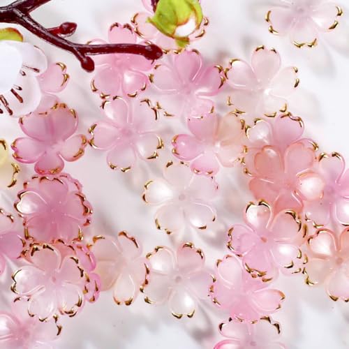 50Pcs Cherry Blossom Acrylic Flower Beads, Mini Floral Spacer Beads for Jewelry Making 5-Petal Gradient Flower Bead Gold-Plated Flowers Bead Charms for Bracelets (Pale Pink Gradient) - color: Pale Pink Gradient
