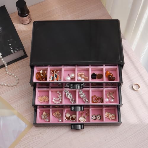 YUFONG Earring Organizer Box Acrylic Jewelry Organizer with 3 Drawers 54 Adjustable Grids Clear Stackable Earring Holder Velvet Trays Ring Display Case for Women Girls (Black Pink) - color: Black Pink