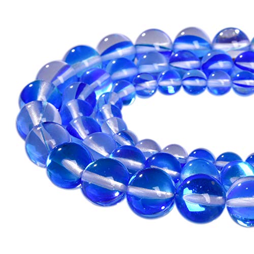 60PCS 6mm Blue Angel Aura Beads Round Gemstone Polished Mermaid Aura Moonstone Smooth Stone Loose Beads Crystal Quartz for DIY Jewelry Making 1 Strand 15' - color: Blue, size: 6mm