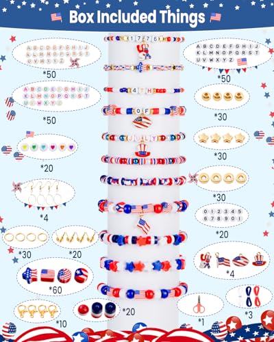 Goldwise 1578Pcs 4th of July Red White Blue Beads Bracelet Making Kit with Clay Seed Plastic Pony Pearl Beads, Patriotic USA Flag Star Beads, Metal Charms Earrings for Jewelry Making - size: 4th of July