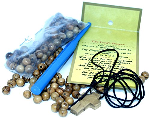 Holy Land Market Rosary Knotting Threading Tool with 60 Olive Wood Beads (8mm) and Olive Wood Cross Package