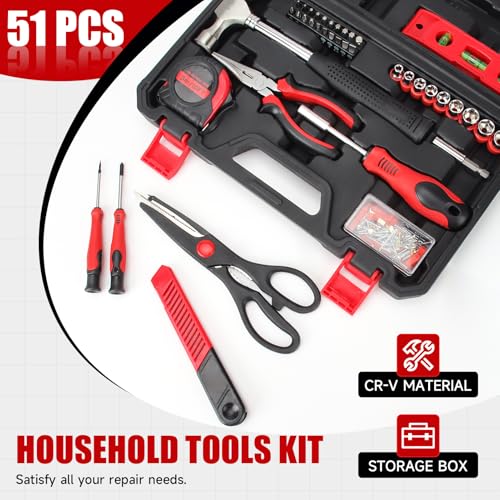 51-Piece Red Tool Set, Home Tool Kit with Toolbox Storage Case Home Repair Tool Kit with Drawer for Women