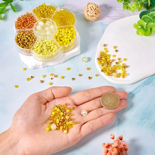 Craftdady 90g Small Glass Seed Beads 6/0 Yellow Bracelet Beads Tiny Round Loose Spacer Beads Handmade Craft Beads with 22pcs 8mm Round Glass Beads for DIY Necklace Jewelry Making