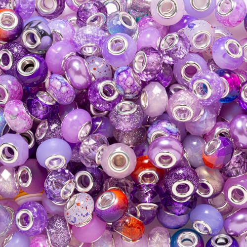 ZHIYUXI 100PCS Purple European Large Hole Assorted Beads Bulk for Jewelry Making Big Hole Spacer Lampwork Murano Beads for Charms Bracelet Making Necklace Pens DIY Craft - color: J-Purple Mix