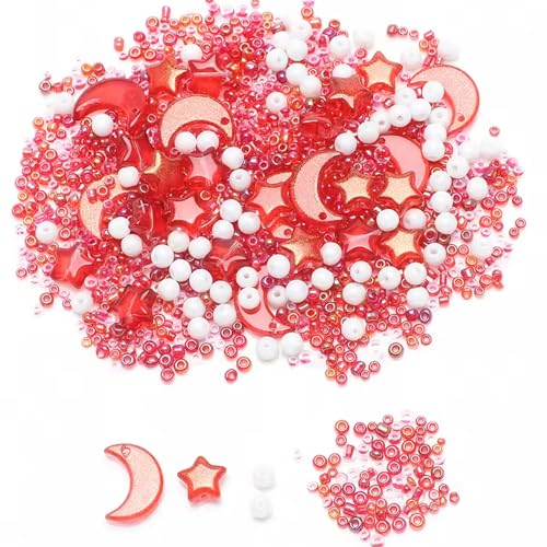 Mixed Star Moon Crystal Glass Beads Seedbeads Loose Round Pearl Beads for Jewelry Making Craft Bracelets Necklaces Earrings DIY Crafts Projects Red Glass Spacer Bead Kits for Crafts - color: Red