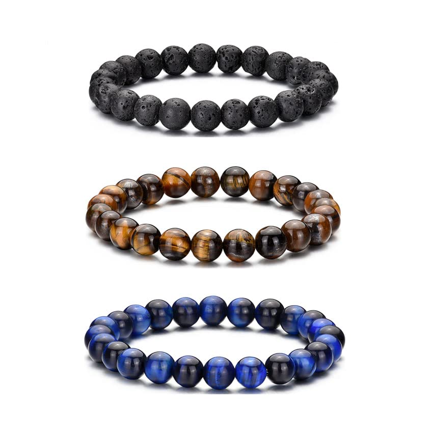RANKEEF Tiger Eye Bracelet For Men 8MM Natural Stone Stretch Adjustable Black Crystal Beaded Bracelet for Men Women Gifts - color: 3,lava rock,tiger eye,blue