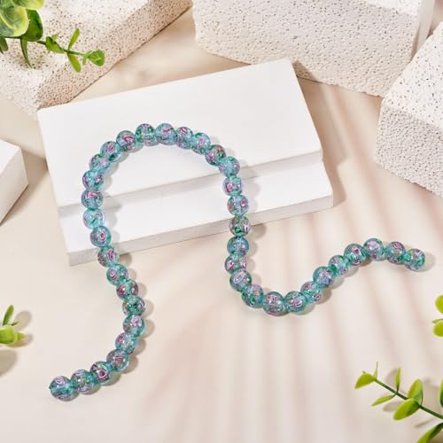 Elecrelive 40Pcs 10mm Flower Glass Beads Gold Sand Lampwork Beads Turquoise Floral Round Crystal for DIY Bracelet Necklace Earring Jewelry Making - color: Pale Turquoise