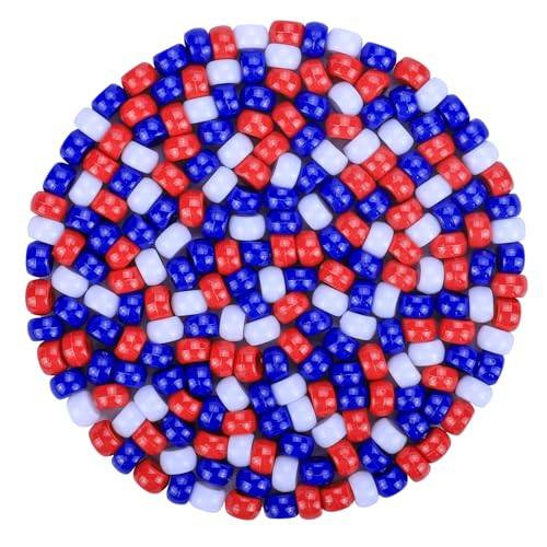 Plastic Pony Beads for Jewelry Making, 1200 Pieces, Multi-Color, 0.35 x 0.22 inch, DIY Craft Beads for Bracelets and Hair Braids (Red+White+Blue) - color: Red+white+blue