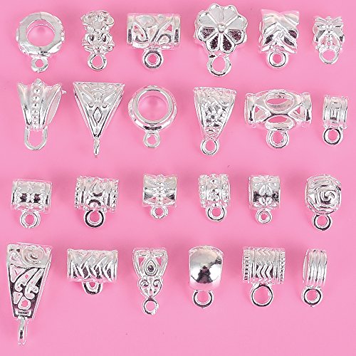 RUBYCA 96Pcs Mix Tibetan White Silver Color Connectors Bails Beads fit European Charm Bracelet Pendant - color: White Shiny Silver