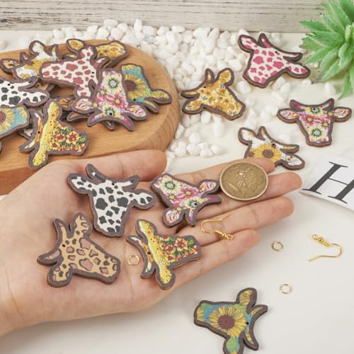 40pcs Wooden Cow Head Charms Western Style Flower Printed Ox Head Pendants & 50pcs Earring Hooks & 50pcs Jump Rings for Boho Earring DIY Jewelry Making - color: Cow Head
