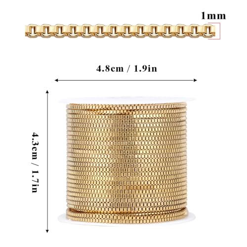 33FT 18K Gold PVD Plated Box Chains Roll, 1mm Gold Stainless Steel Box Chain Spool Bulk for DIY Jewelry Making Necklace Bracelet - color: gold, size: 1mm