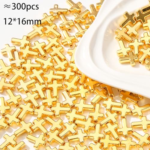 300pcs Cross Beads 12 * 16mm Golden Cross Beads Crosses Spacer Bead Bulk for DIY Crafting Necklace Bracelet Jewelry Making Keychain (Golden) - color: golden