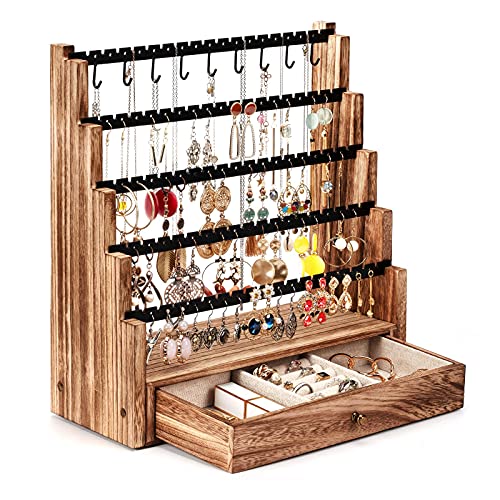 Pinzoveco Earring Organizer, 5 Layer Earring Holder Organizer with Necklace Holder Pole, Rustic Wood Jewelry Organizer Stand Display for Stud Earring Bracelet Necklace Ring, 175 Earring Holes - color: Rustic Brown