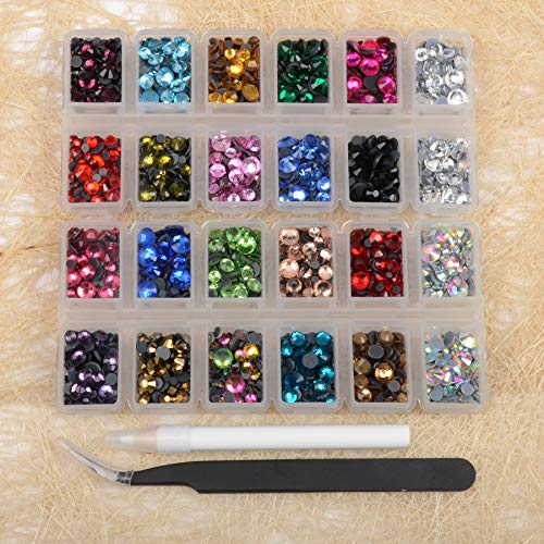 Massive Beads 6800+PCS Mixed 5 Sizes Flatback Round Glass Hotfix Iron Rhinestones Crystal for DIY Making w/ 1 Tweezers & 1 Picking Pen for Shoes, Clothes, Bags, Manicure (Mixed 5 Sizes, 22 Colors) - color: Mixed 5 Sizes, 22 Colors