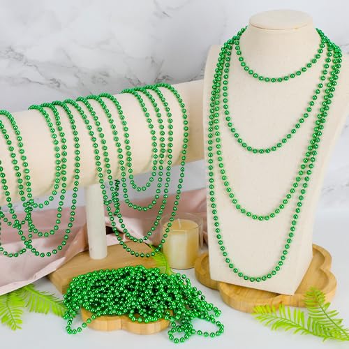 Huskein 100 PCS St Patricks Day Beads Necklace, Mrdi Gras Beads Bulk, 33 Inches Round Beads Necklace Accessories Set, Luck Irish Beads Parade Accessories for Mardi Gras St Patricks Day - color: Green