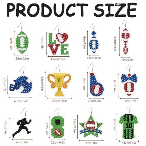 BEUNITONE 12 Pairs Rugby Diamond Art Earring Making Kits for Adults, DIY Diamond Painting Kits with Earring Making Supplies kit, Fun Rugby Painting Earrings Ornament for Women and Holiday Gift - style: Rugby