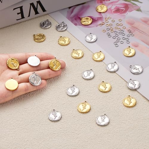 Stainless Steel Jewelry Making Charms Pendants Bulk Round Rose Charm for Bracelet Necklace DIY - color: Rose Gold Silver