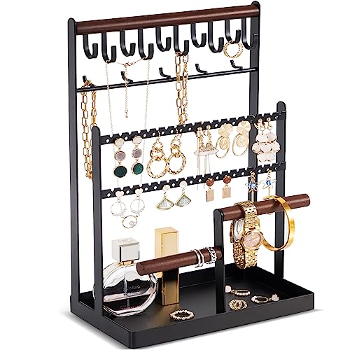 ProCase Jewelry Organizer Stand Necklace Organizer Earring Holder, 6 Tier Jewelry Stand Necklace Holder with 15 Hooks, Jewelry Tower Display Rack Storage Tree for Bracelets Earrings Rings -Black - color: Black