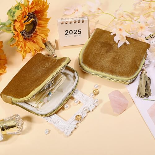 2 Pcs Travel Jewelry Bags Velvet Jewelry Storage Zipper Bags Rectangle Jewelry Organizer Bag with Tassel for Women Travelling, Grass Green - color: Grass Green