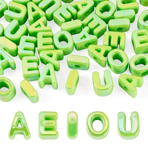 FASHEWELRY 50Pcs 20mm Big Vowel Letter Beads Lime Green Large Hole Acrylic Alphabet Beads for Bracelets Making, UV Plating Iridescent 3D Slider Initials Bead for Keychains Making - color: Lime Green