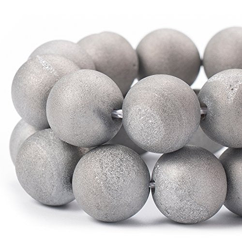 RUBYCA Round Dyed Electroplated Druzy Agate Quartz Crystal Gemstone Beads (1 Strand, Silver, 8mm) - color: Silver, size: 8mm