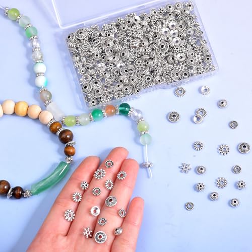 460Pcs Antique Silver Spacer Beads for Jewelry Making, Small Metal Flat Flower Beads, Bracelet, Necklace, Earring Findings & Supplies (460)