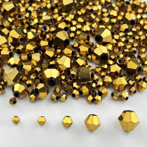 1310pcs Bicone Crystal Glass Beads 2mm 3mm 4mm 6mm 8mm Faceted Crystal Spacer Beads for Bracelets Necklace Pendants Earrings DIY Jewelry Craft Making(Gold) - color: Gold