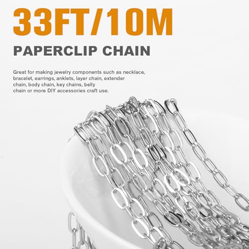 [33 Ft] Stainless Steel Paperclip Chains Roll, 3.3 * 7mm Width 304 Stainless Steel Oval Link Chains Spool Bulk for Jewelry Making - color: 3.3*7mm Width