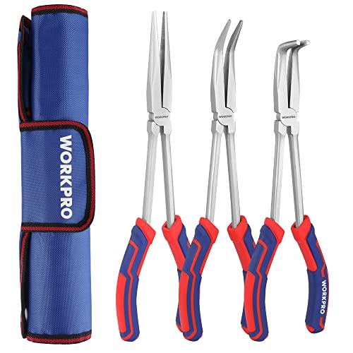 WORKPRO 3PC Long Reach Pliers Set, 11 Inch Extra Long Needle Nose Plier Set Includes Straight, 90° & 45° Bent Nose Plier, Pliers Tool Set for Narrow Spaces
