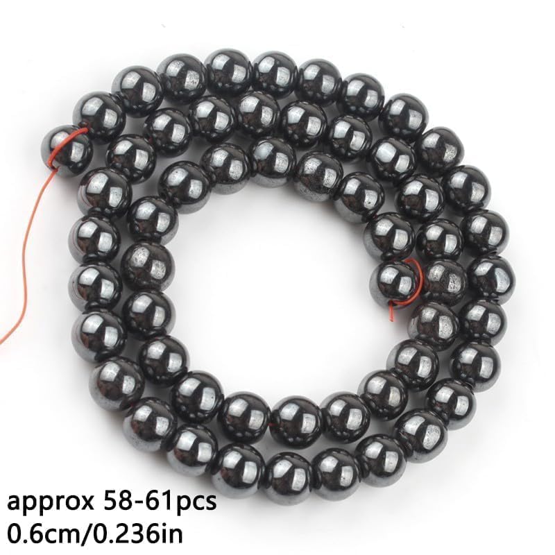 Stone Beads, 60pcs Black Hematite, 6mm Round Loose Beads for Jewelry Making, Bracelets, with Bag, String & Card - color: Black Hematite, size: 6mm