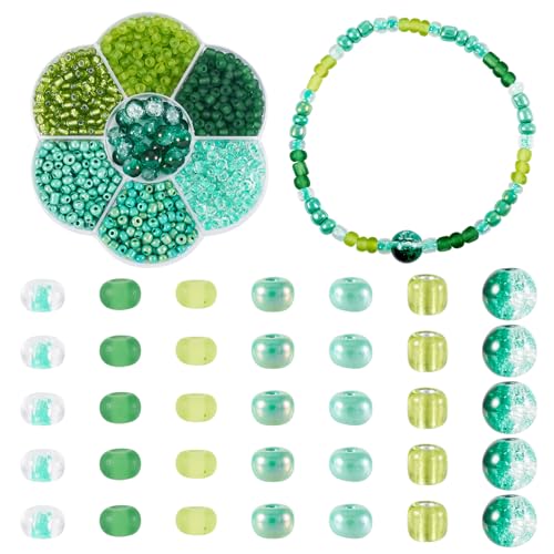 Pandahall 1 Box 6/0 Glass Seed Beads Green Round Glass Beads 7 Colors Tiny Glass Beads Bulk 4mm Small Assorted Glass Beads Crackle Glass Beads for Earring Bracelets Necklace Jewelry Making - color: Green - 7 Colors, size: 6/0