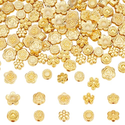 PH PandaHall 100Pcs 10 Styles Metal Flower Beads Golden Spacer Beads Floral Loose Charm Bead Blossom Flower Flat Round Loose Bead Spacers for Bracelet Jewelry Making, 5.5~8mm