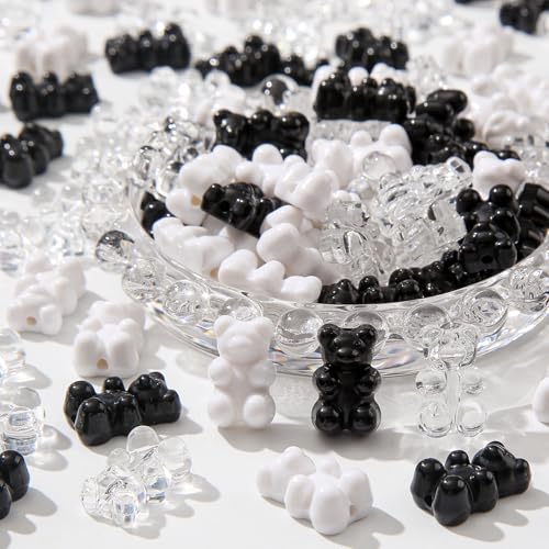 200pcs Bear Beads Black White Gummy Bear Acrylic Bear Beads Colorful Cute Bear Beadsy Bear for Necklace Bracelet Key Chains Jewelry DIY Craft Making(Blackwhite) - color: blackwhite