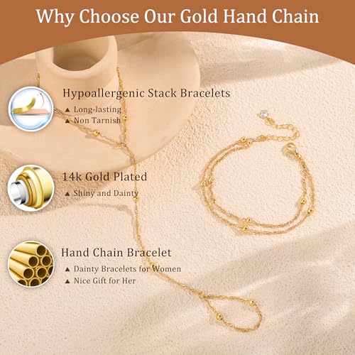 CHESKY 14K Gold Plated Hand Chain Bracelets for Women Set - Dainty Finger Ring Bracelet Stack Adjustable Hand Chains Durable Beaded Bracelets Trendy Simple Body Jewelry Gift for Women - style: 3beads bracelet-gold