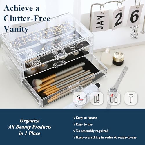 Sea Team Clear Makeup Organizer with Drawers, Acrylic Plastic Cosmetic Display Case, Jewelry Storage Box, Holder for Dresser, Bathroom, Vanity, Countertop (3 Middle Drawers) - size: 3 Middle Drawers