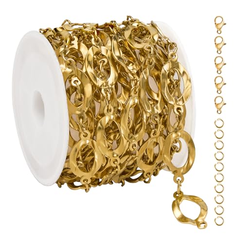 UMAOKANG 2 Meters Stainless Steel Gold Plated Chains for Jewelry Making Hollow Oval Chain Bulk on Spool - color: Gold Hollow Oval