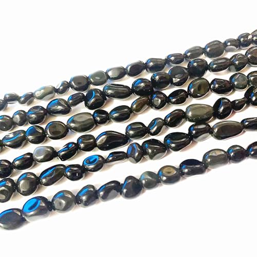 6-8mm Natural Black Obsidian Nuggets Oval Free Tumbled Pebble Semi Precious Gemstone Loose Stone Beads Approx 15.5 inch for DIY Jewelry Making - color: Black Obsidian