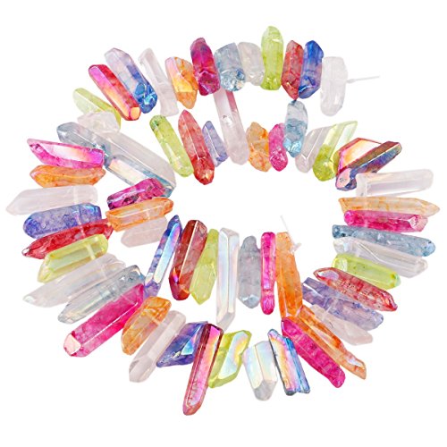 rockcloud Natural Rock Crystal Points Titanium Coated Clear Quartz Sticks Spikes Top Drilled 15 inch Strand,Colorful - color: #11-Colorful(Polished)