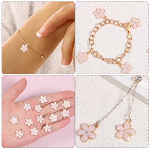 Thinp 30 Pcs Cherry Blossoms Decor, Flower Charms for Jewelry Making Small Flower Enamel Charms Gold Plated Flowers Pendants for DIY Crafts Purse Keychains Bracelet Necklace Earrings Making Findings