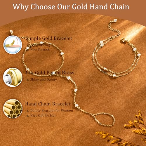 CHESKY 14K Gold Plated Hand Chain Bracelets for Women Set - Dainty Finger Ring Bracelet Stack Adjustable Hand Chains Durable Beaded Bracelets Trendy Simple Body Jewelry Gift for Women - style: 3CZ bracelet-gd