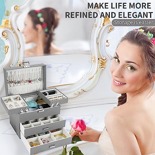 Dajasan Jewelry Organizer Box, Large Jewelry Boxes for Women Girls, Space-Saving 4 Layers Jewelry Storage Case with Drawer, Movable Metal Stand, Modern, Gift Idea (Grey) - color: Grey + Silver